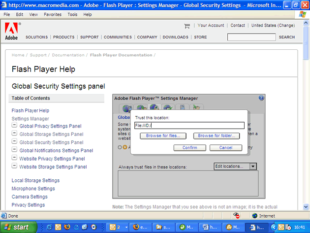 Screenshot of Adobe Flash Player Settings Manager with open locations box