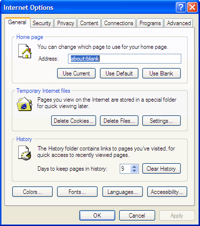 Internet Options, General tab