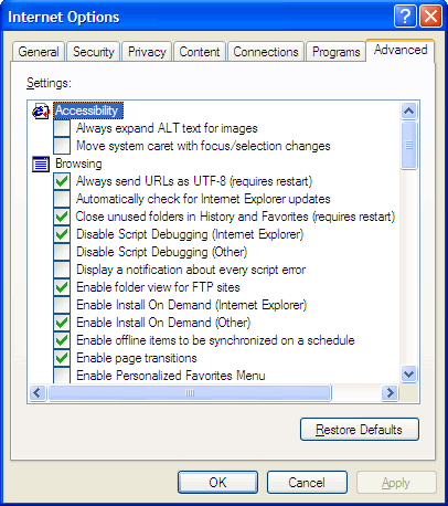 Internet Options, Advanced tab