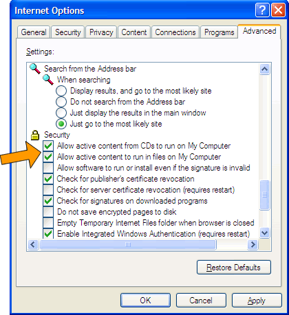 Internet Options, Security settings